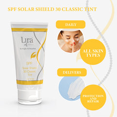 Lira Clinical Solar Shield 30, échantillon-teinte naturelle, fini léger et subtil.