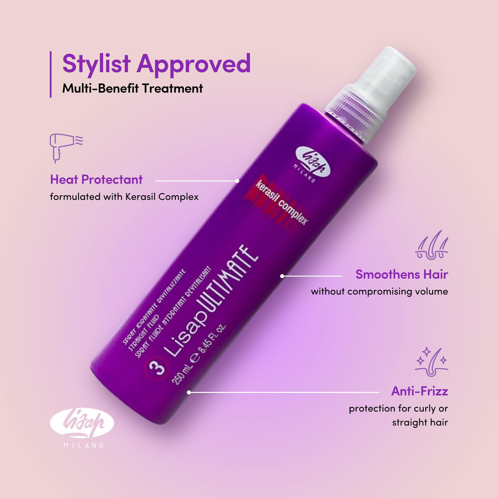Protección térmica Lisap, para secador y plancha, mantiene la salud del cabello durante el peinado.