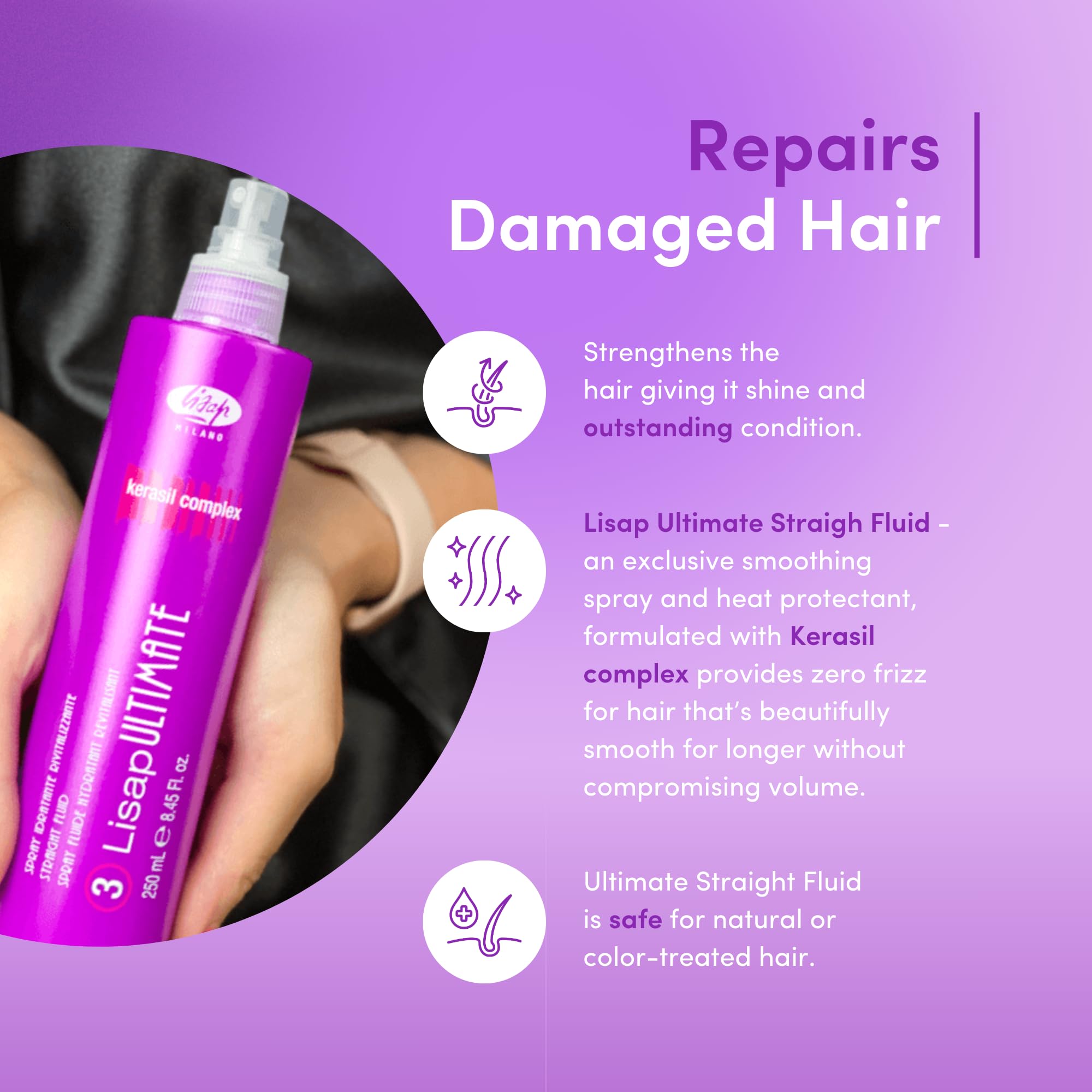 Lisap Protector Térmico, textura cabello suave, reduce encrespamiento y aporta brillo controlado.