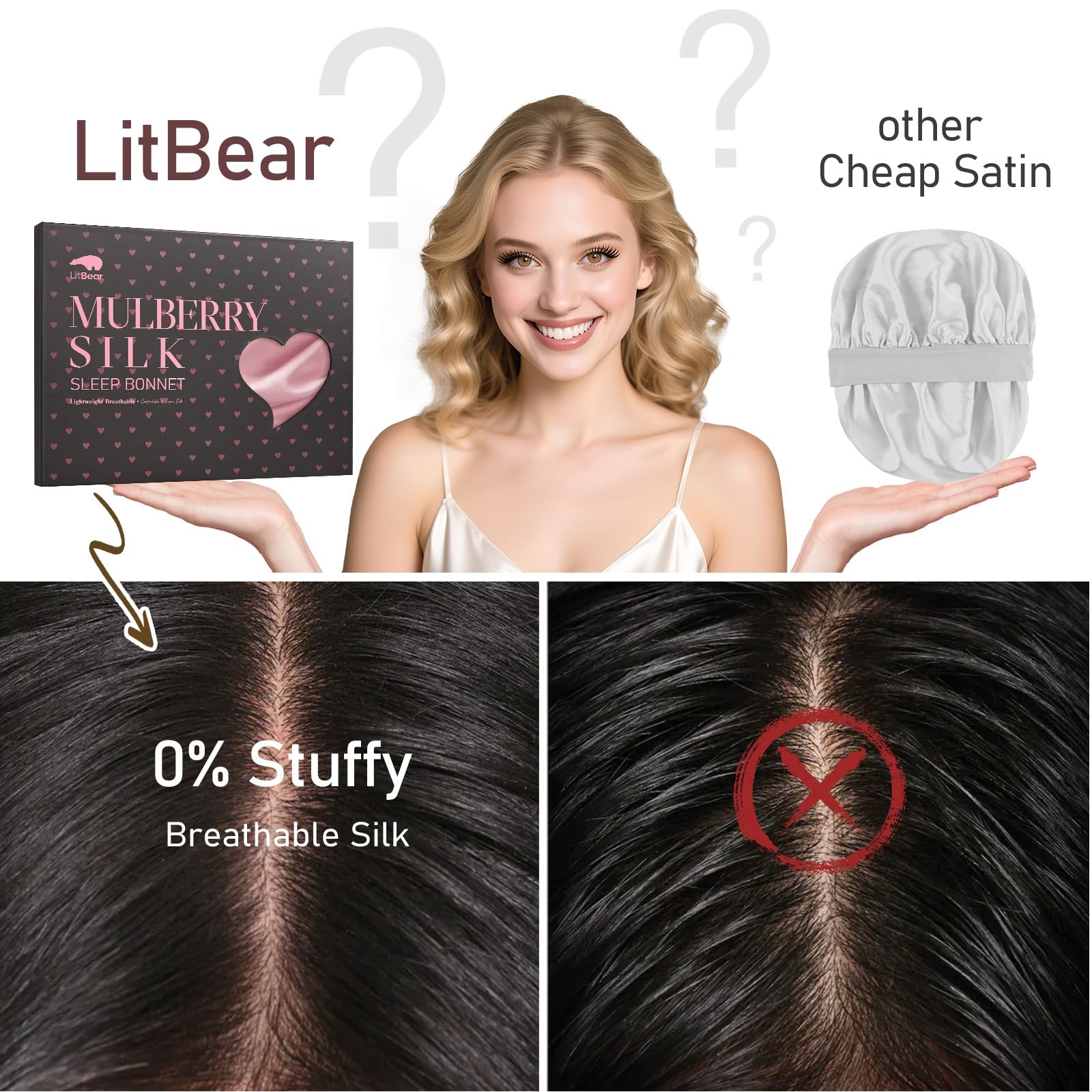 LitBear gorro reduce fricción para cabello suave y sin frizz.