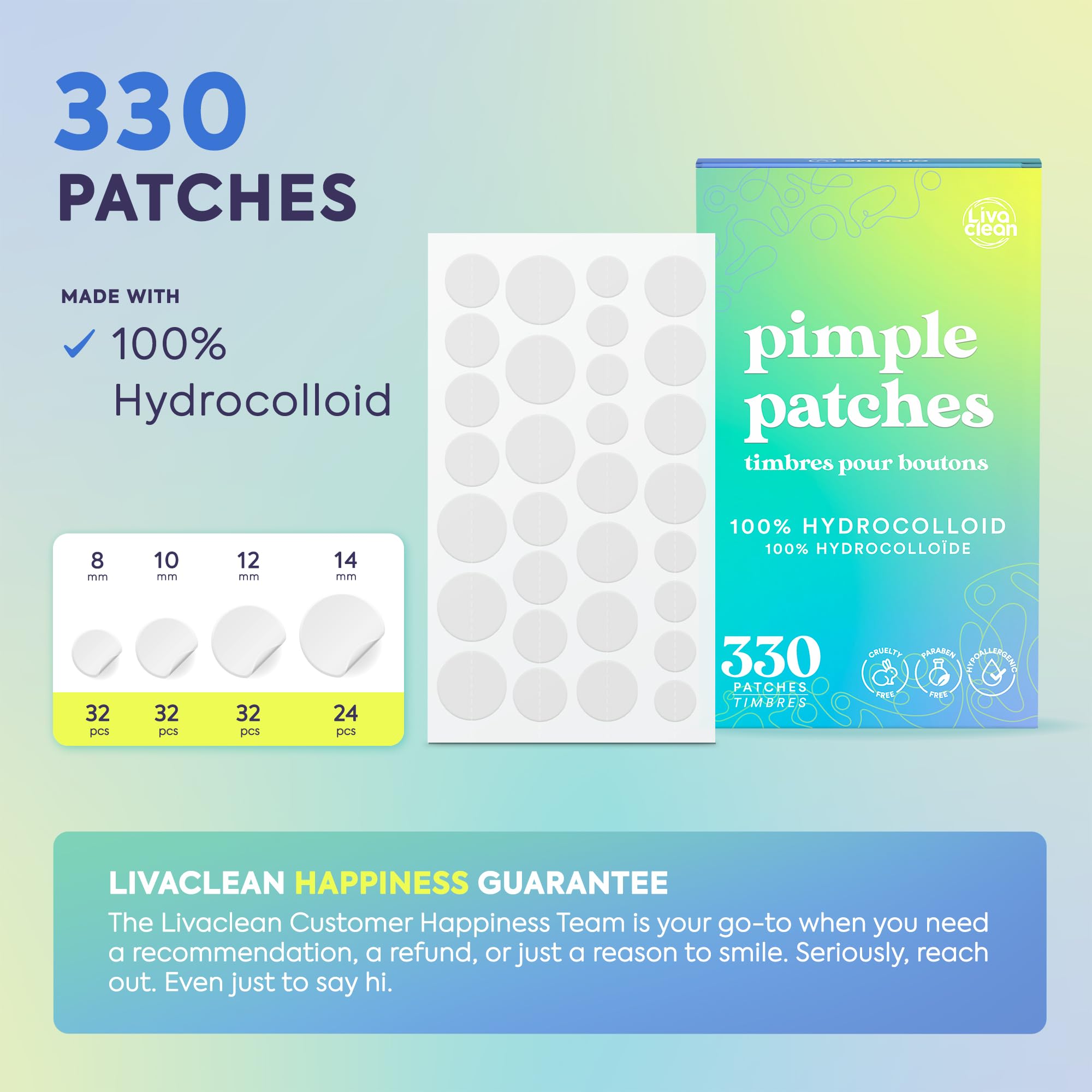 Parches para acné discretos de LivaClean, ideales para uso diario.