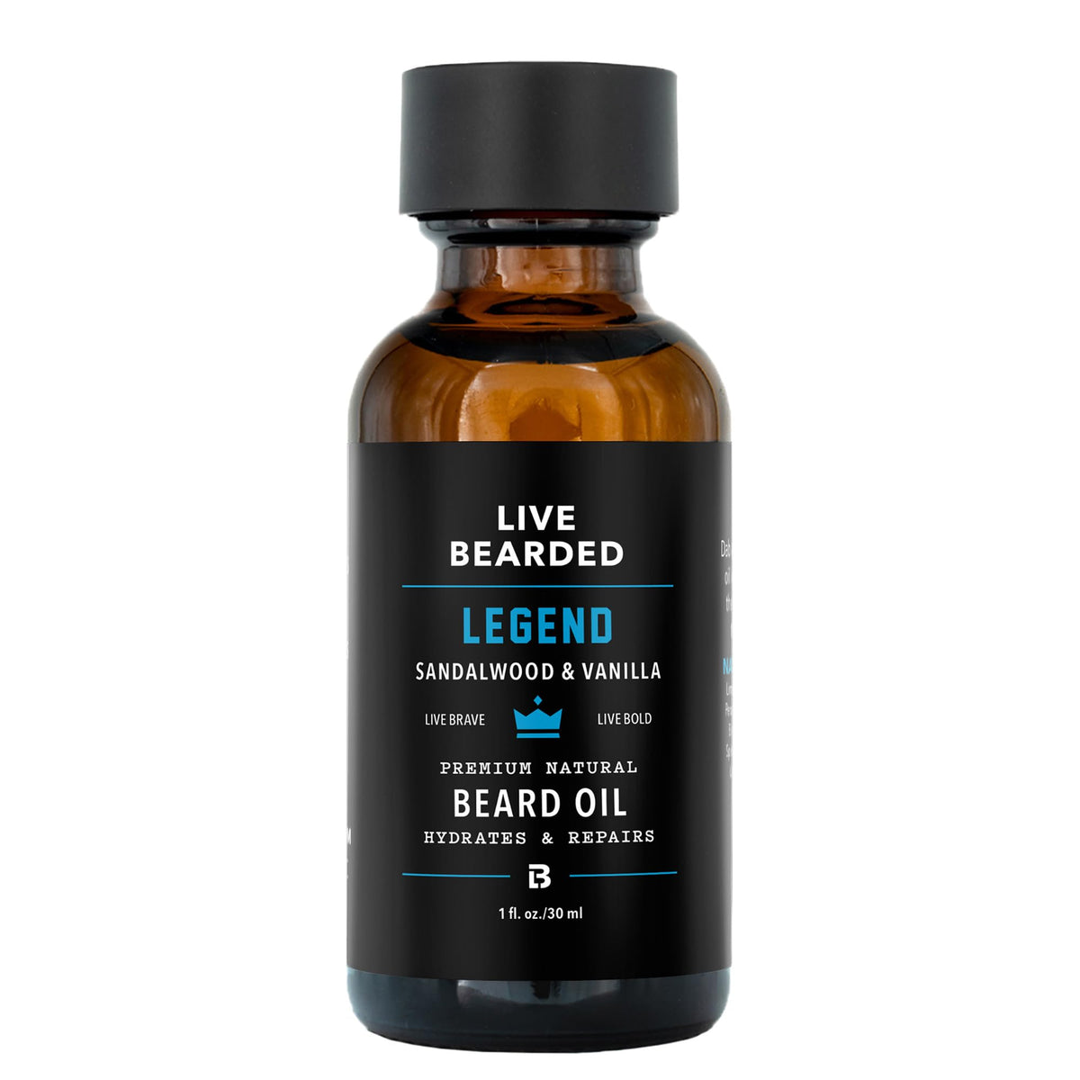 Live Bearded fragancia Leyenda de sándalo y vainilla en botella para barba