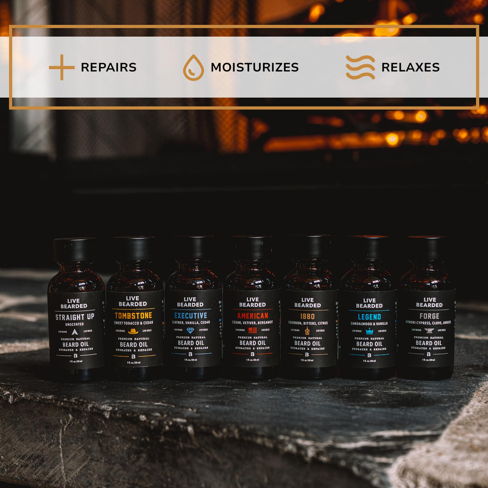Live Bearded beard oil bottle cap closeup highlights premium design.