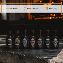 Live Bearded beard oil bottle cap closeup highlights premium design.