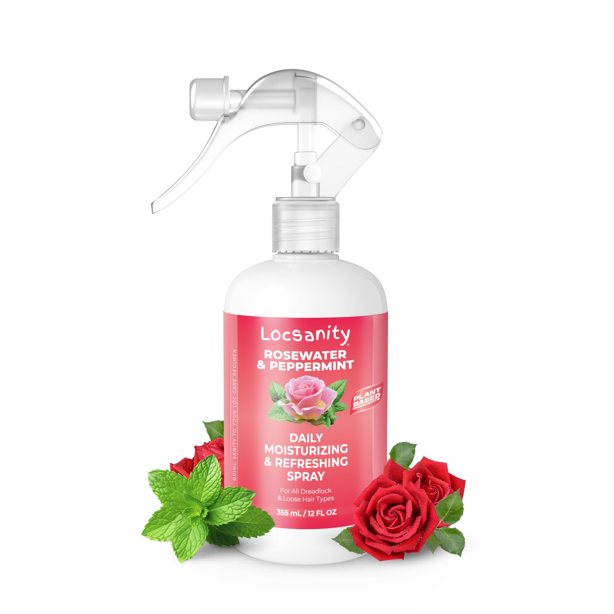 Locsanity: botella de spray rosas y menta para hidratación diaria de locs.