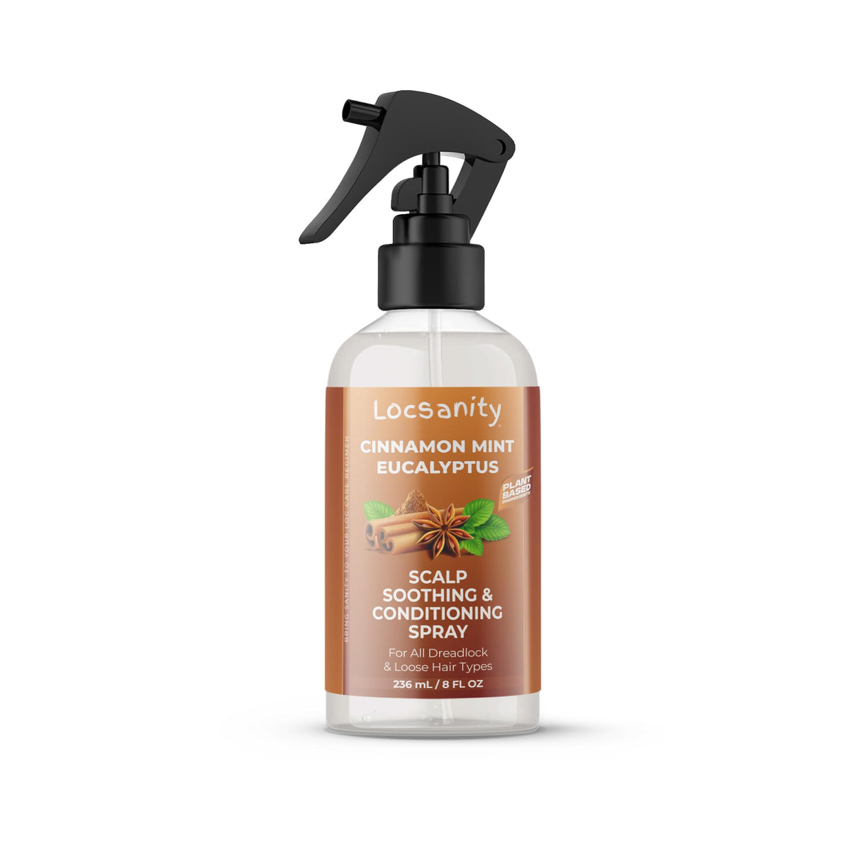 Locsanity spray para el cabello con canela, menta y eucalipto para refrescar el cuero cabelludo.