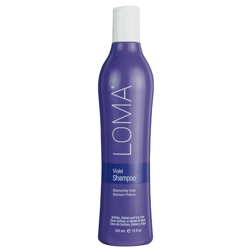 Loma champú violeta: envase destacado para realzar rubios y grises.