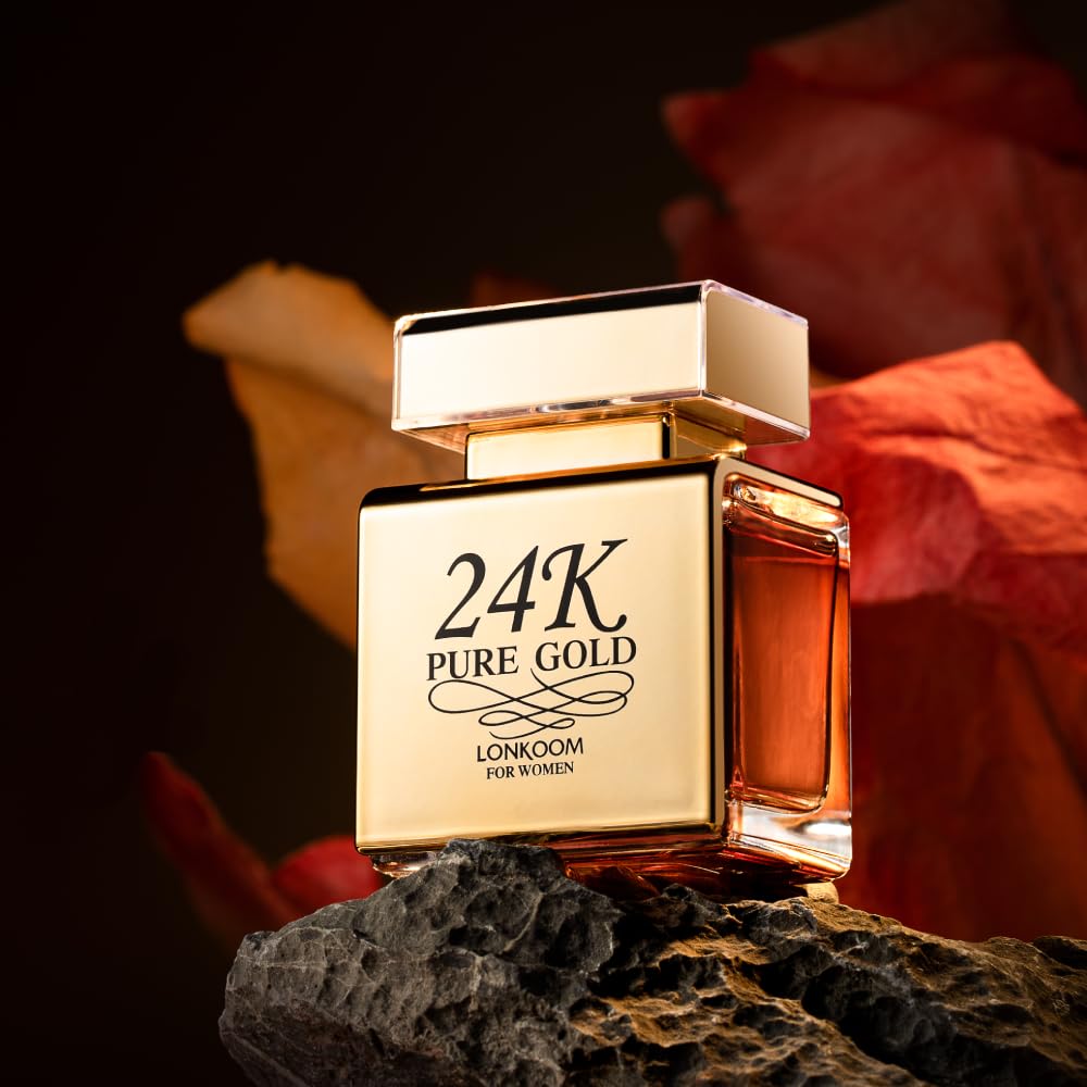 Lonkoom 24K Oro Puro, base de musk y ámbar para calidez duradera.