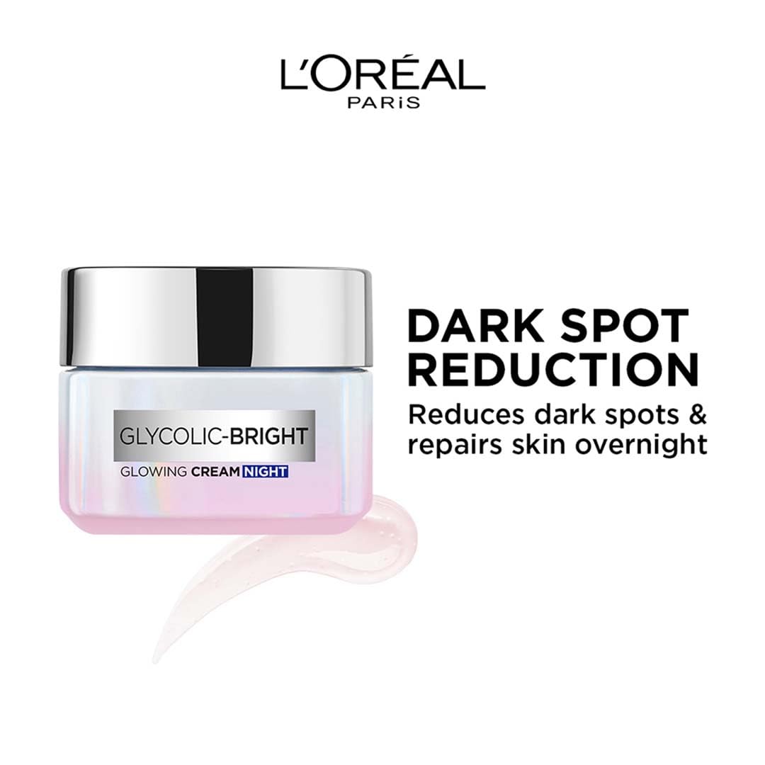 L'Oreal Paris crema nocturna glicolico, textura suave para absorción rápida.