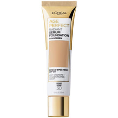 Base Age Perfect de L'Oreal Paris con suero radiante en botella, hidrata durante el día.