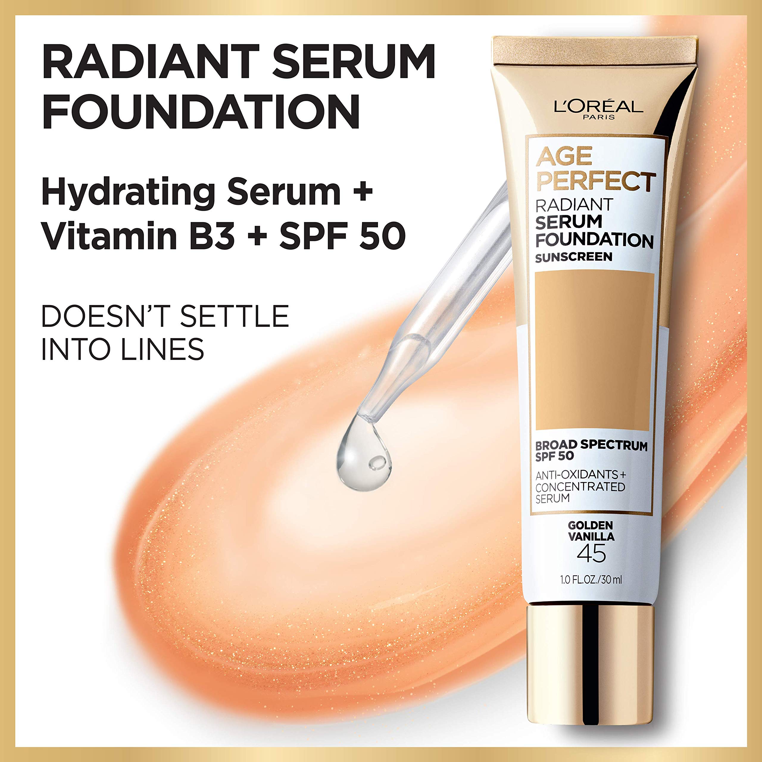 L'Oreal Paris Age Perfect Radiant Serum Foundation con SPF 50, aplicador para uso preciso