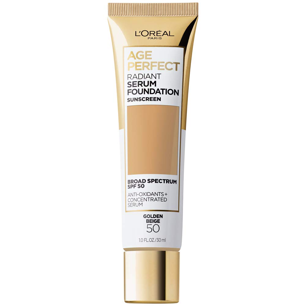 L'Oreal Paris Age Perfect Radiant Serum Foundation con SPF 50 en bote para cobertura ligera y luminosa