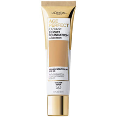 L'Oreal Paris Age Perfect Radiant Serum Foundation con SPF 50 en bote para cobertura ligera y luminosa