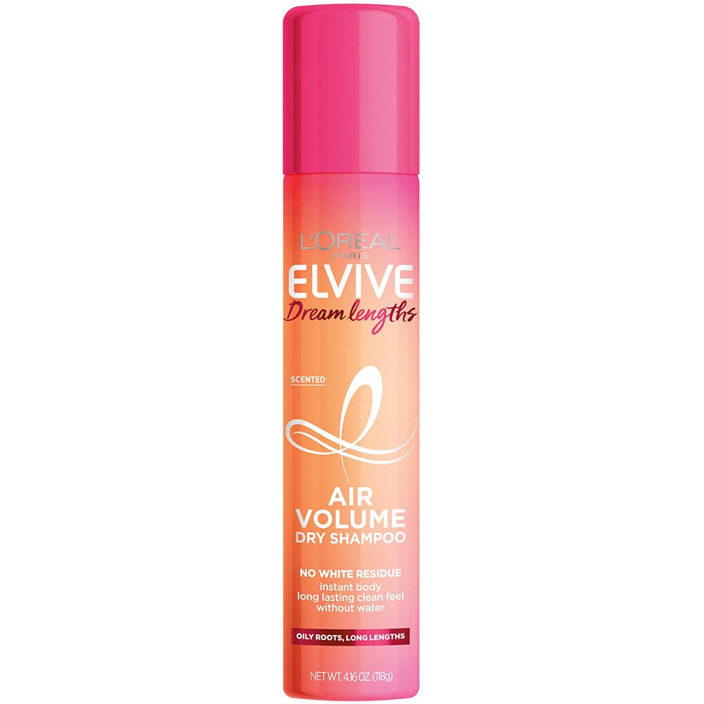 Botella de L’Oréal Paris Elvive Dream Lengths Air Volume Dry Shampoo para refrescar raíces rápidamente.