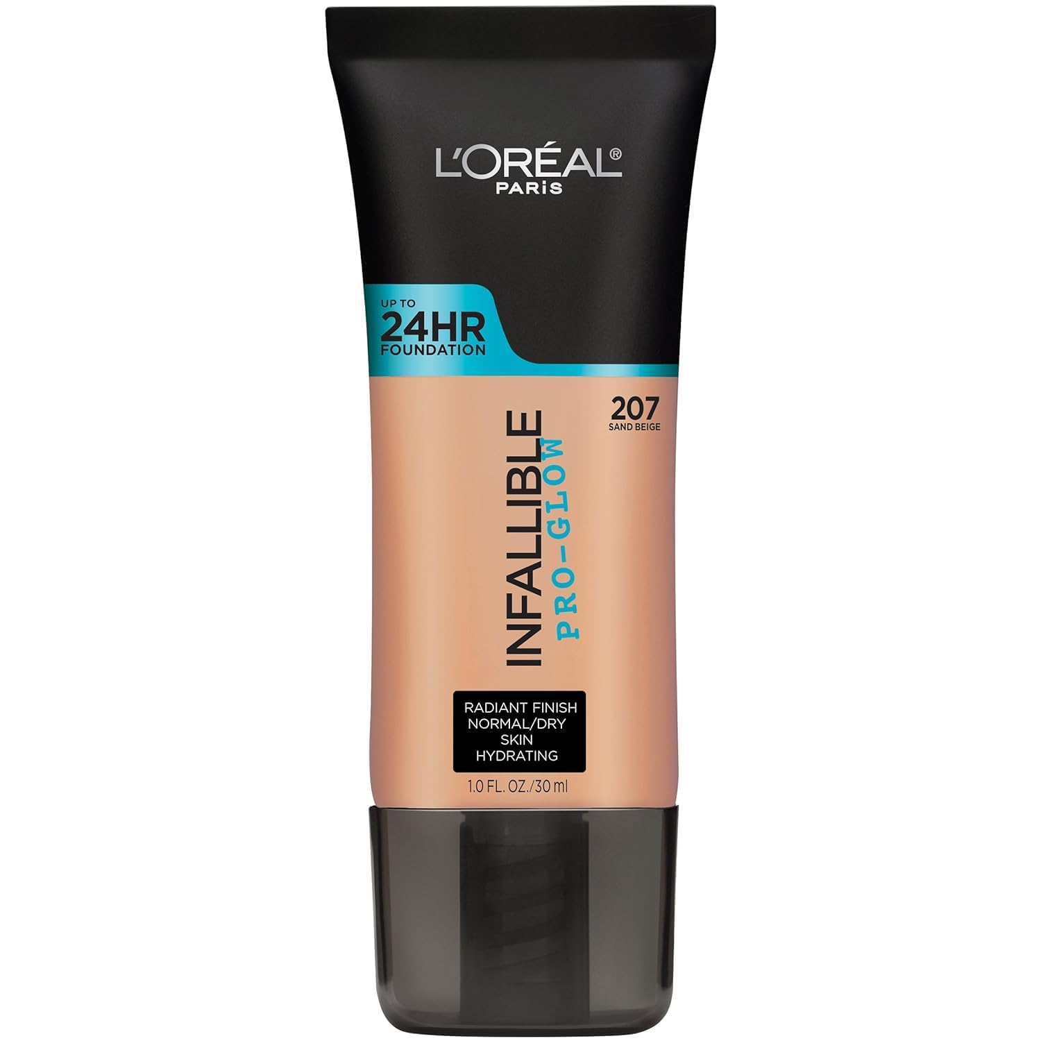 L'Oreal Paris Infallible Pro Glow fondo sand-beige en botella de 1 oz, tono natural y duradero