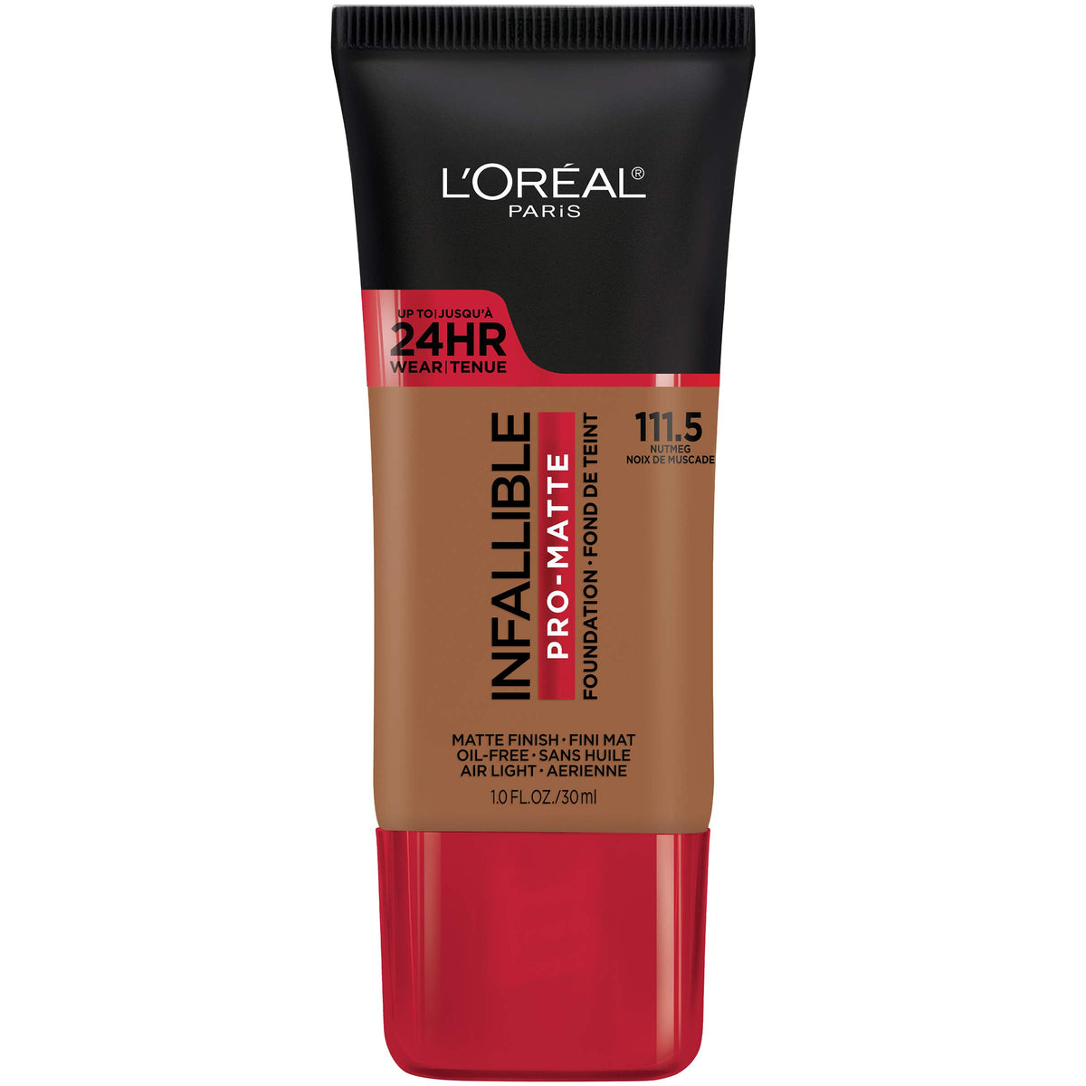 L'Oreal Paris Infallible Pro Matte Nutmeg en envase, acabado demi-mate suave.
