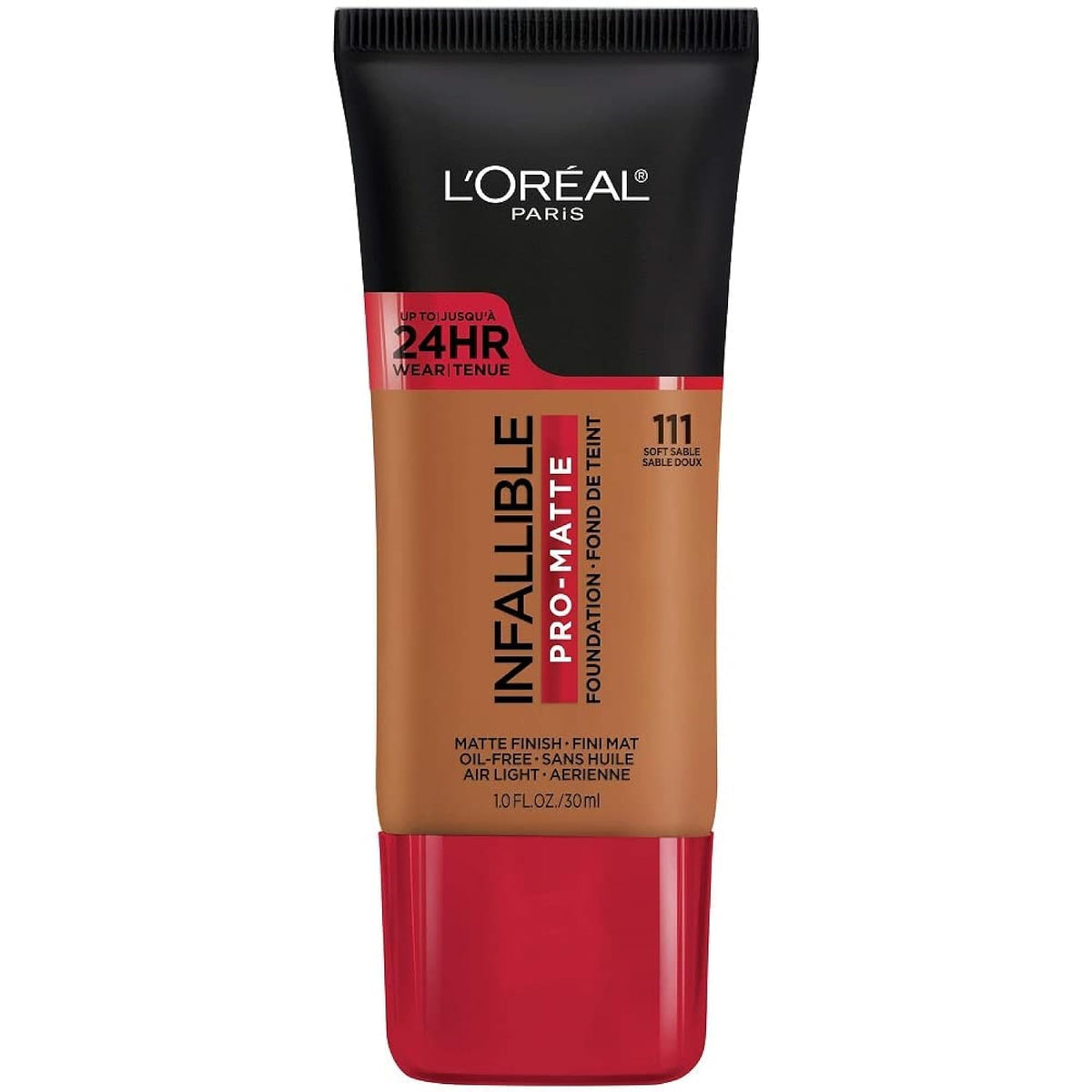 L'Oréal Paris Infallible Pro-Matte Foundation, botella en primer plano, acabado mate de larga duración.