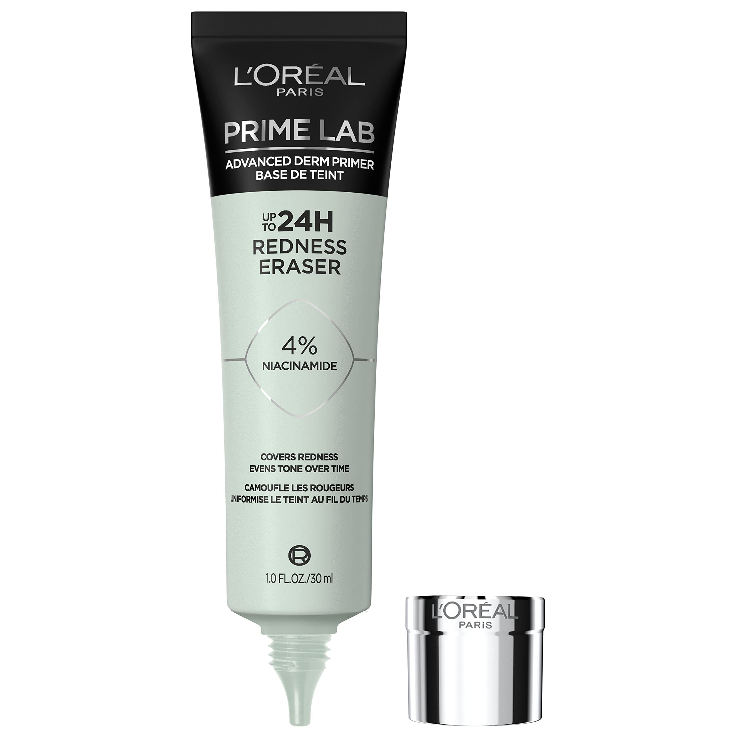 L’Oréal Paris Prime Lab primer enrojecimiento: se ve la botella para neutralizar el enrojecimiento.
