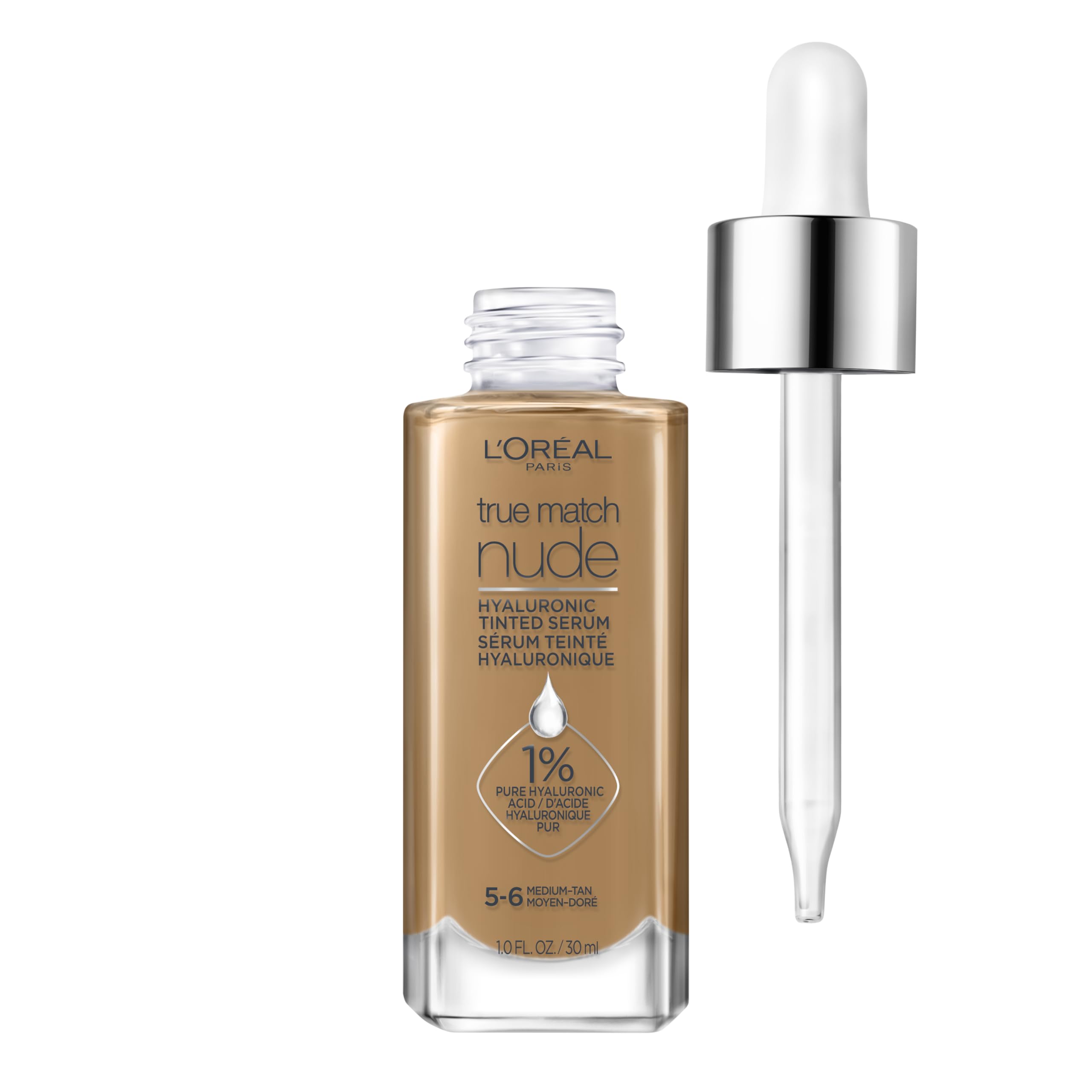 L’Oréal Paris True Match Nude Serum en bote, hidratación suave y acabado natural.