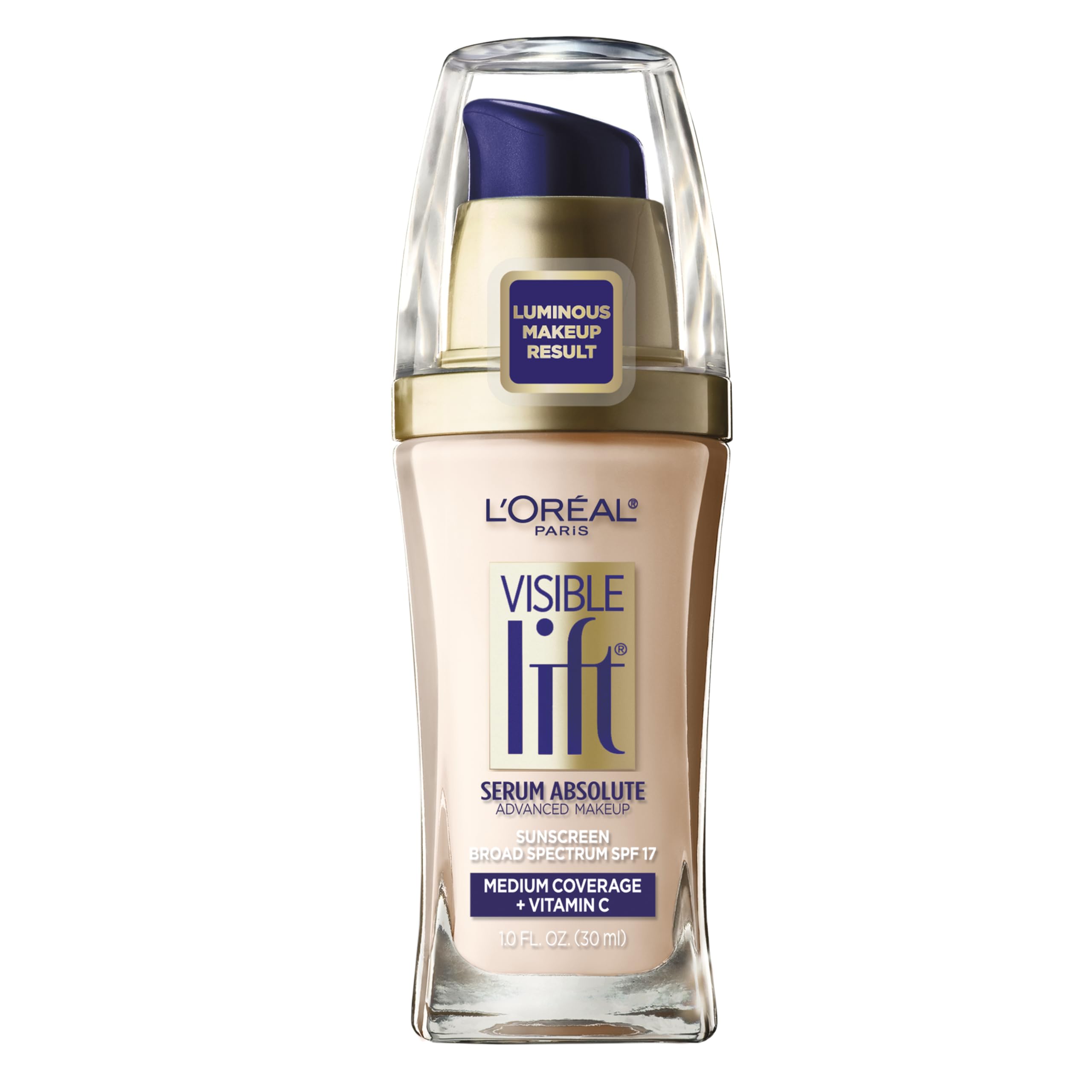 Botella de L'Oréal Paris Visible Lift Serum Absolute Foundation, textura suave para piel luminosa.