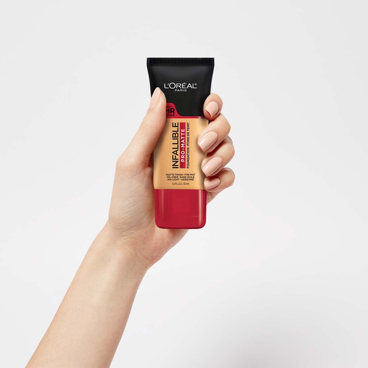 Demi-matte finish shown on cheek for a natural look