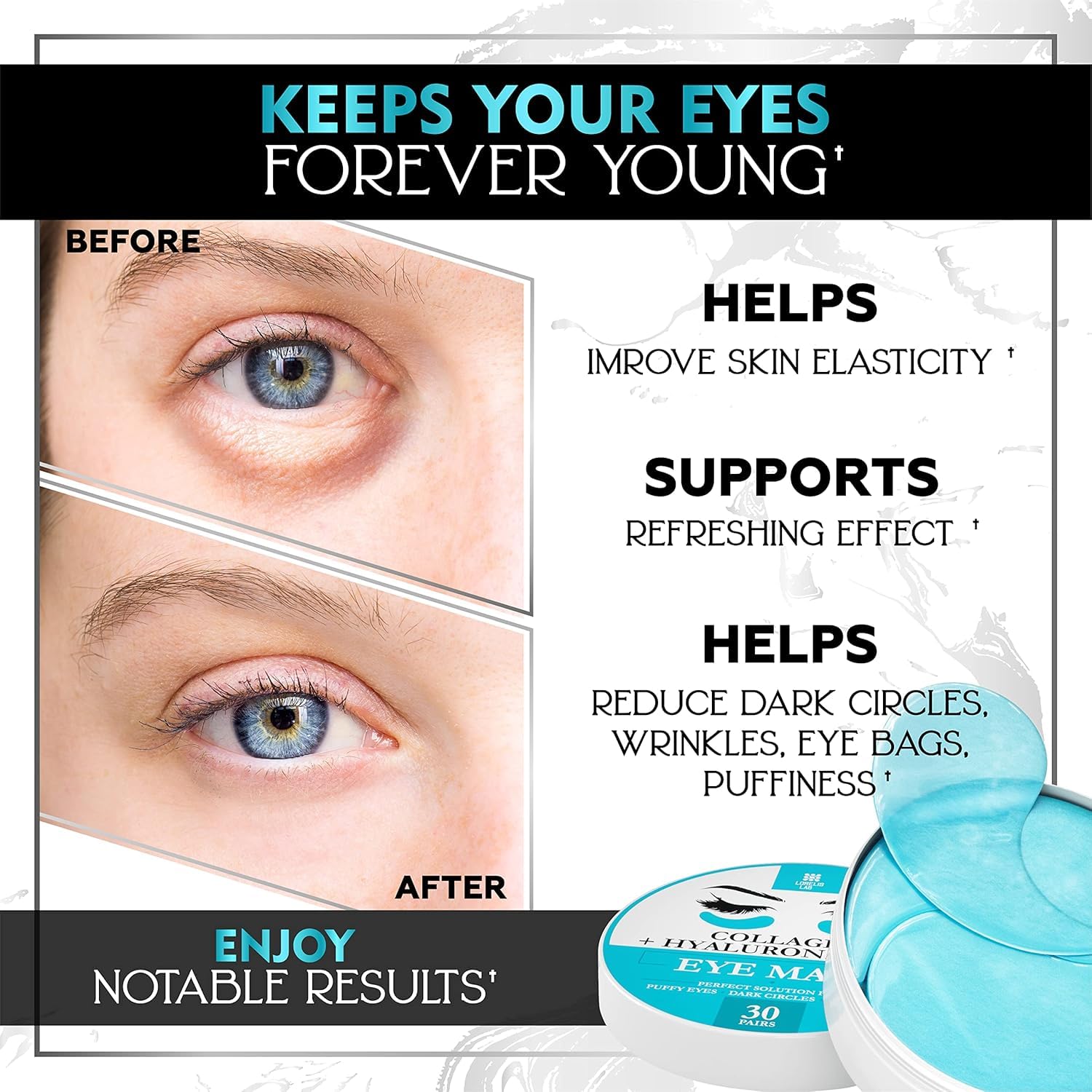Parche Lorelis Lab para ojeras oscuras con colágeno y cafeína para iluminar la mirada.