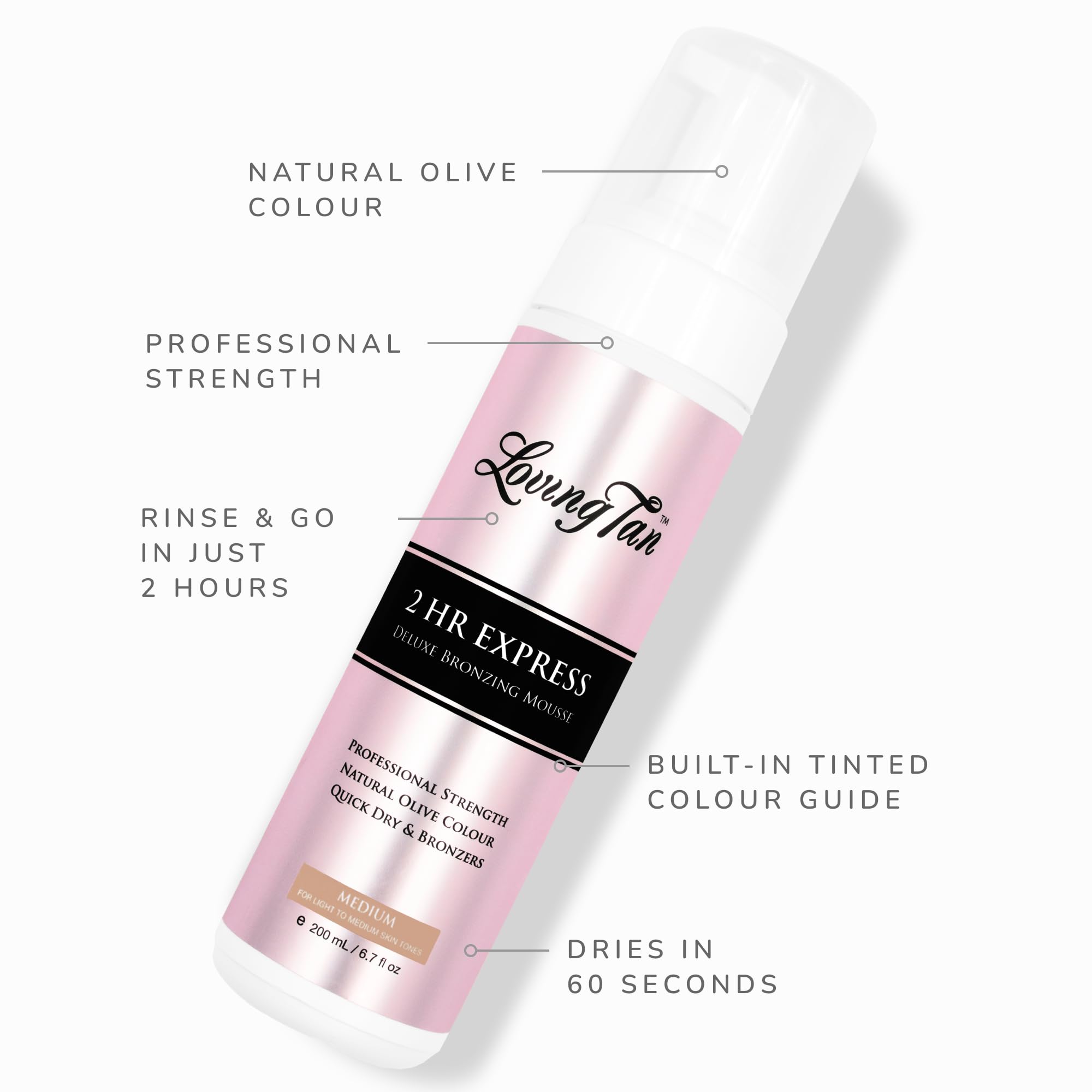 Loving Tan 2HR Express Mousse guía de color precisa para un acabado parejo.