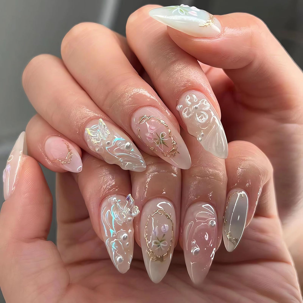 Uñas postizas LPOODDNU, diseño 3D en almendra, rosa, para un look elegante.