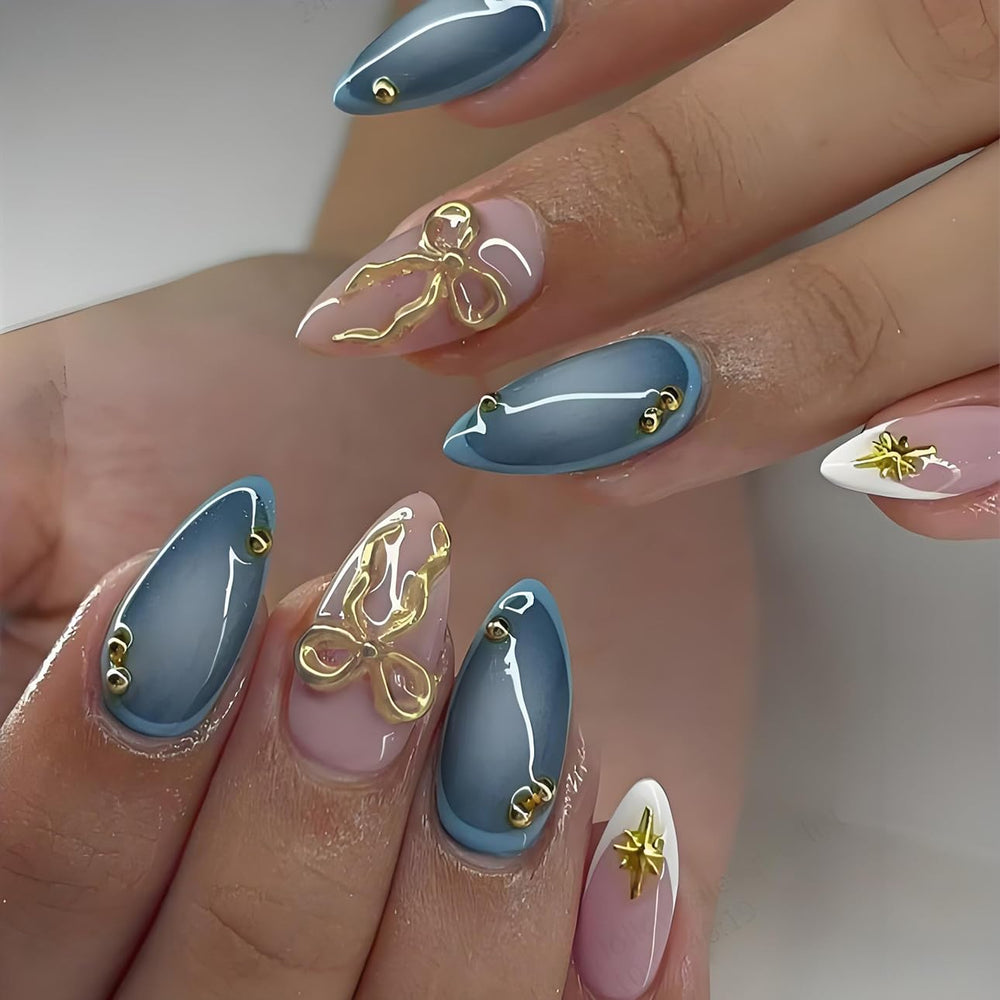 Uñas postizas LPOODDNU en forma de almendra con lazo y estrella para un look elegante