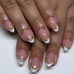 LRKNNO únas artificiales almendra frances blanco con línea dorada para look elegante