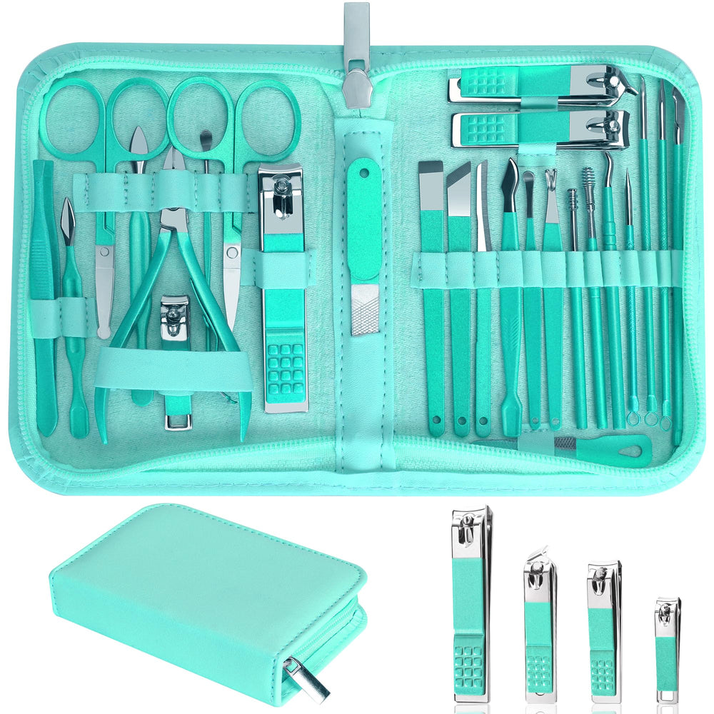 Luck Around set de manicura 26 piezas en estuche turquesa, ideal para viaje y hogar.