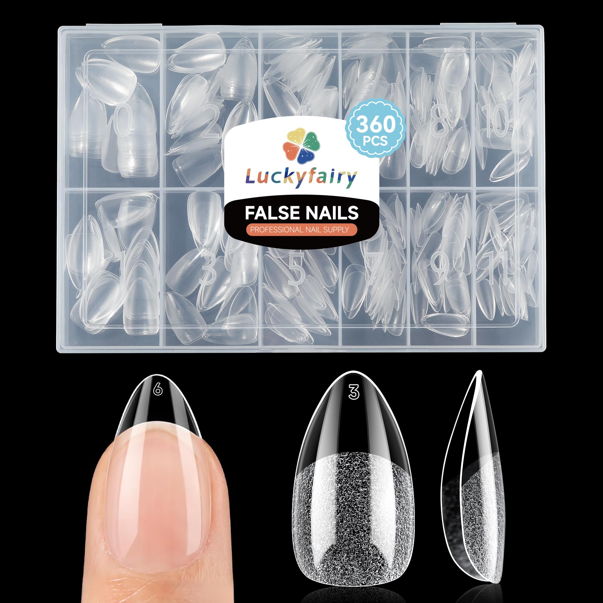 Luckyfairy tips almendra corto, 360 piezas, adherencia segura sin limado.