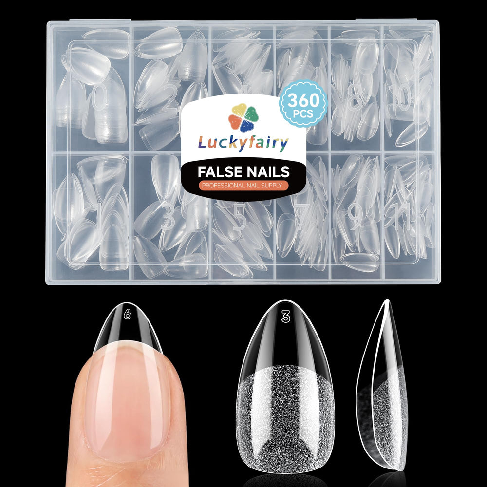 Luckyfairy tips almendra corto, 360 piezas, adherencia segura sin limado.