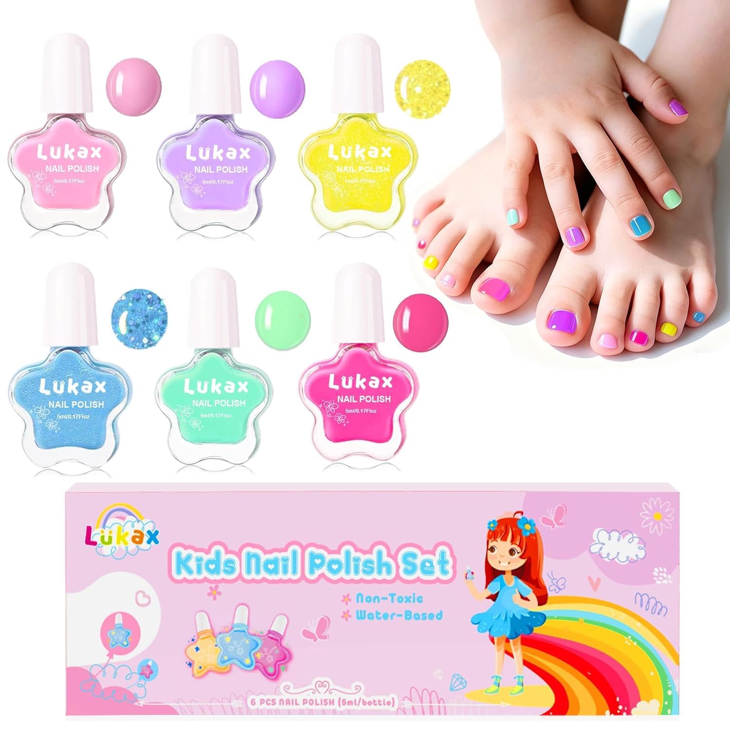 Lukax esmalte infantil, botella con diseño de flor y colores vivos para uñas divertidas.