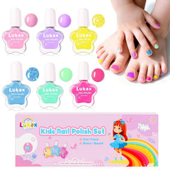 Lukax esmalte infantil, botella con diseño de flor y colores vivos para uñas divertidas.