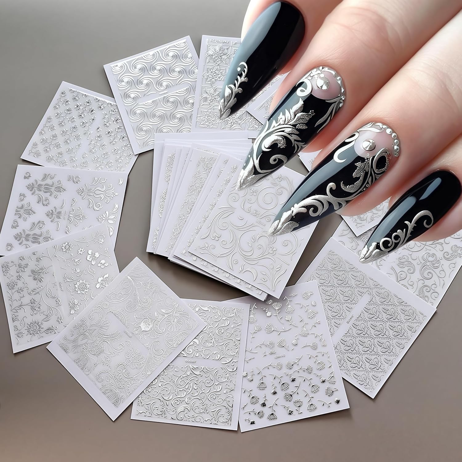 Lukmexor stickers uñas arte floral 3D plateado, aporta profundidad y brillo.