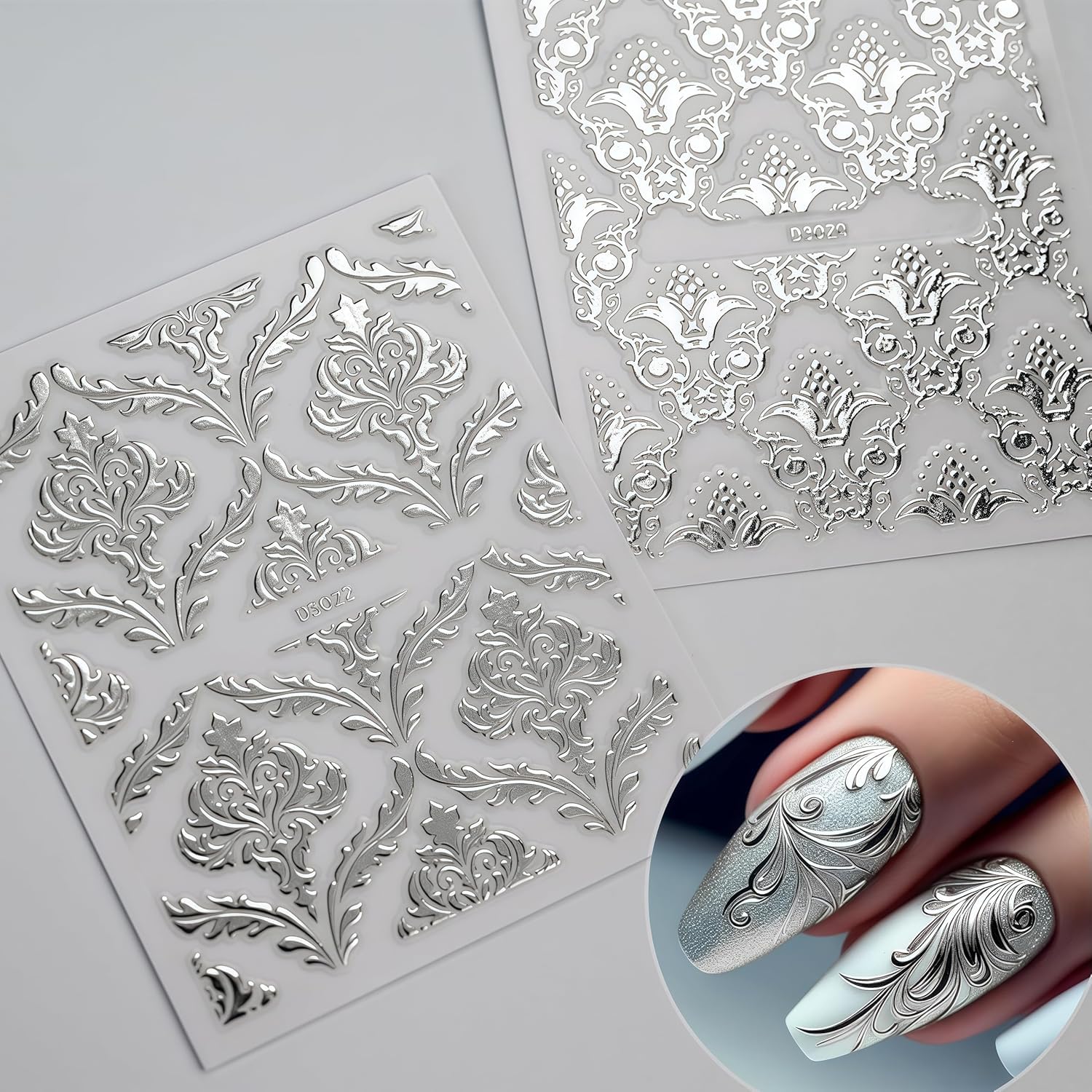 Lukmexor stickers uñas diseños florales plateados, combinan con manicuras naturales o artificiales.