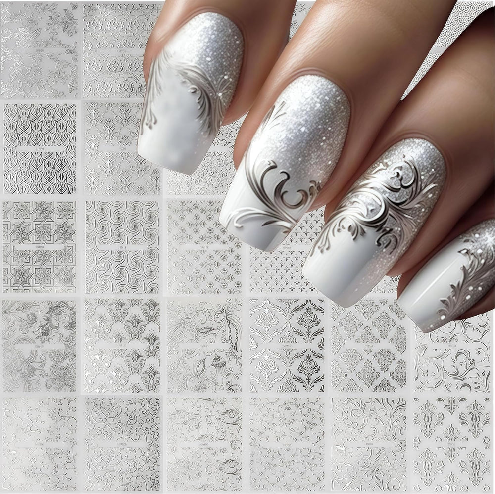 Lukmexor stickers uñas encaje plateado floral, ideal para realzar uñas naturales.