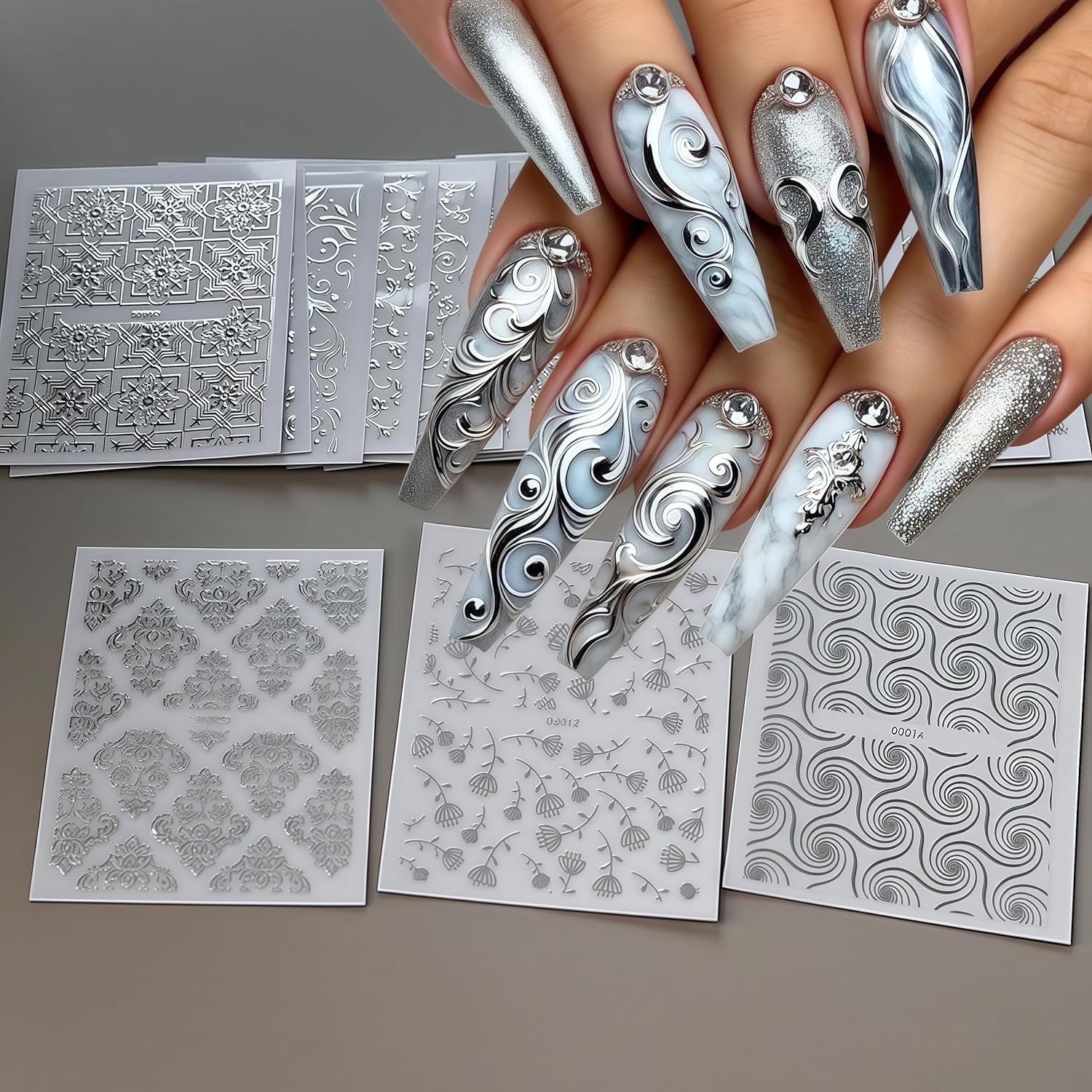 Lukmexor stickers uñas encaje plateado retro, estilo vintage para ocasiones especiales.