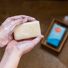 Lume unscented bar soap on bathroom shelf for a clean look