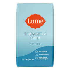 Lume triple milled bar soap unscented on display with dense, lasting lather
