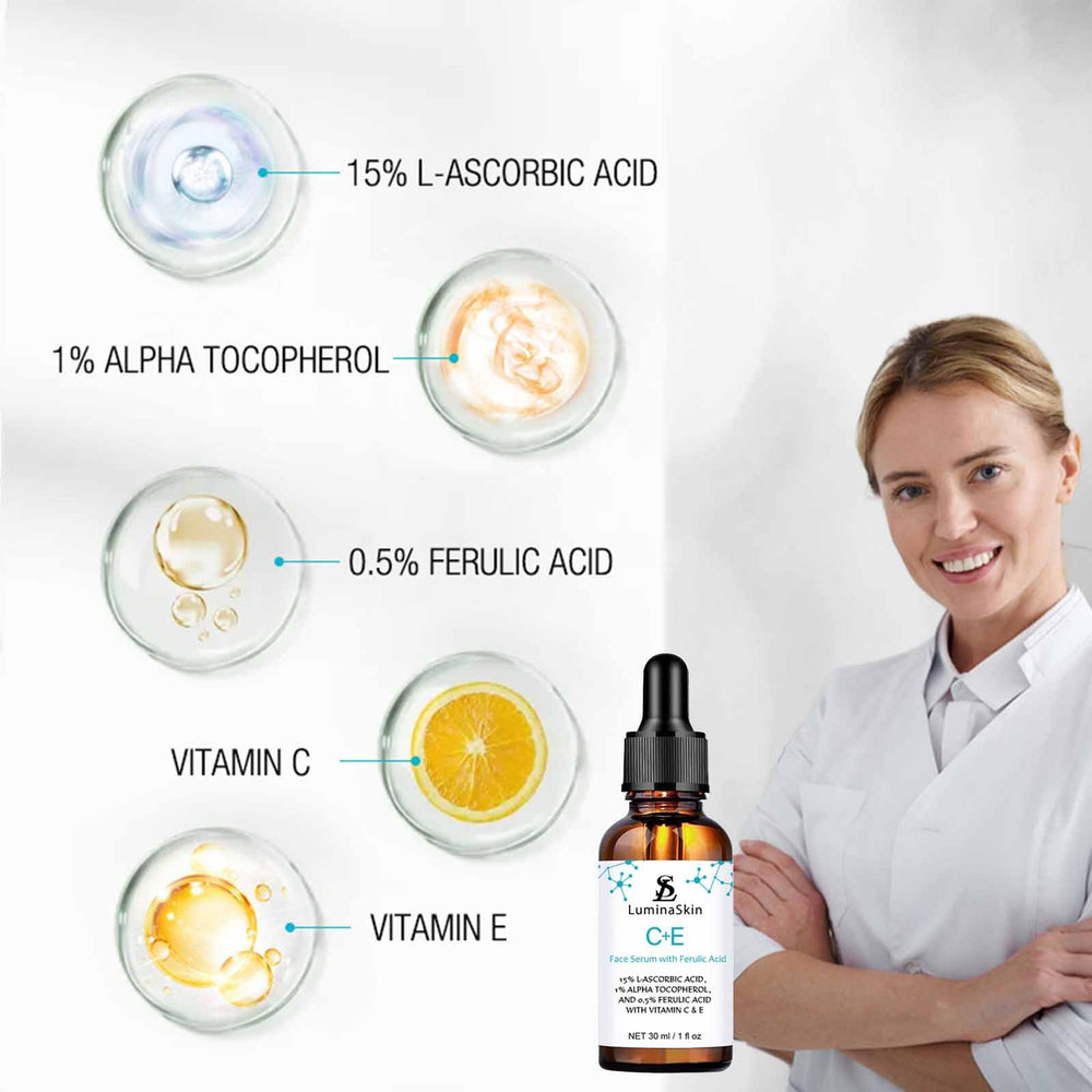 LuminaSkin Serum Vitamina C, E y ferúlico, antioxidantes para la piel.