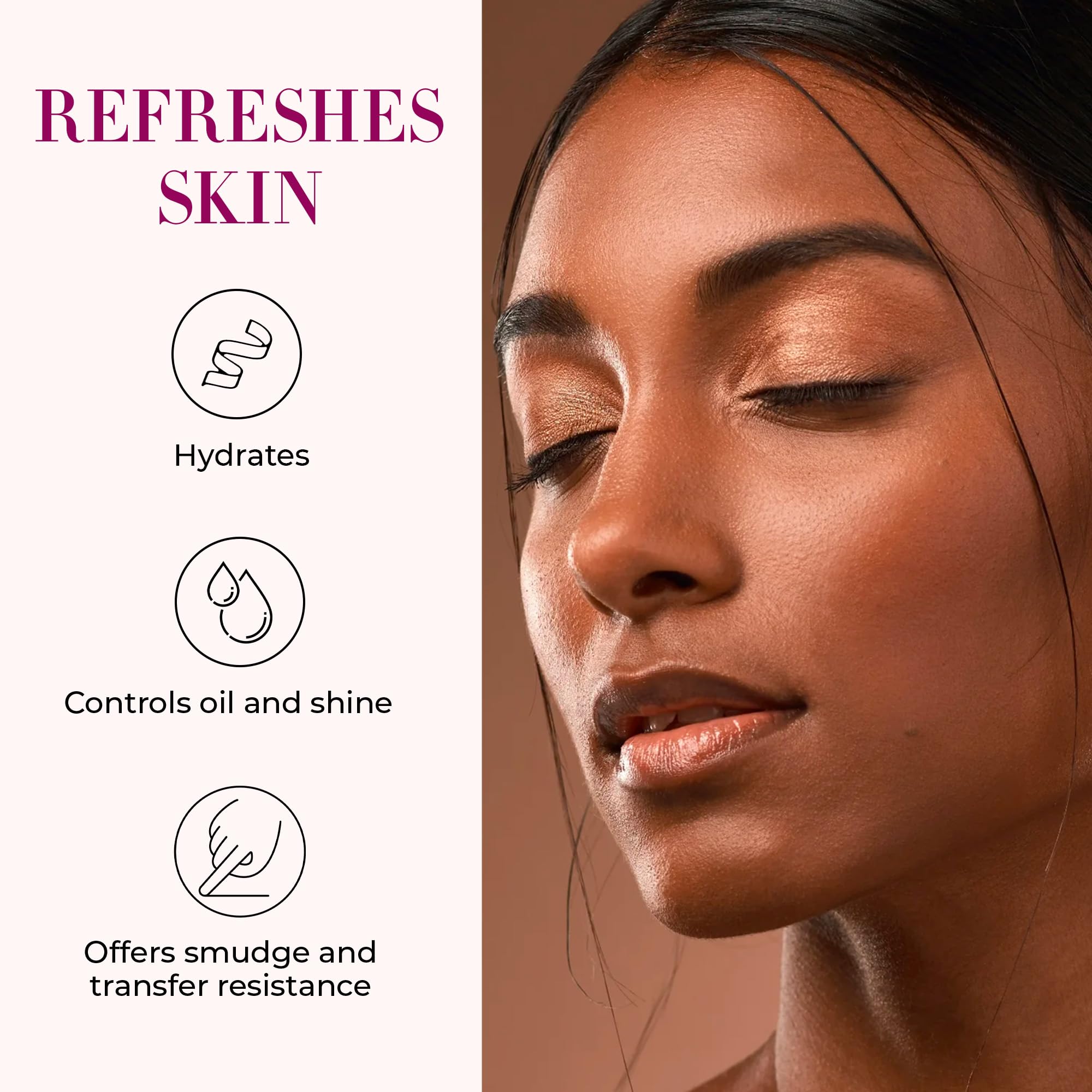 LUMINESS Fine mist on face shows gentle setting and stay-put feel.