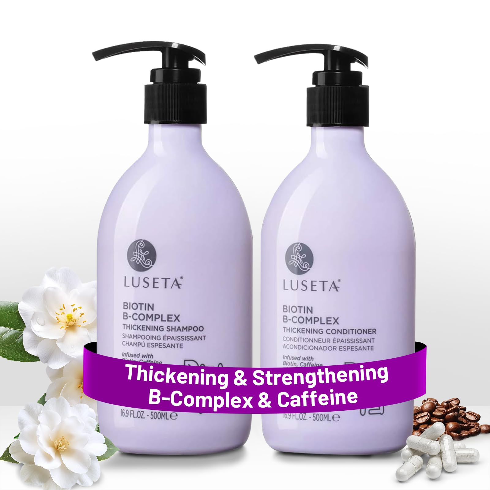 L LUSETA B-Complex Shampoo, botella vertida, lavado suave y fortalecimiento capilar.
