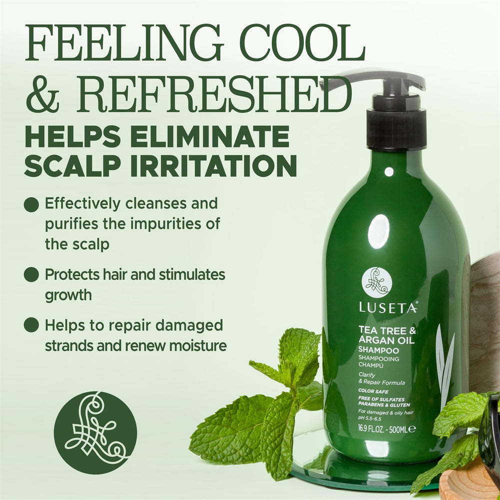 Luseta Tea Tree Shampoo con argán muestra gotas, nutrición natural para cabello seco.