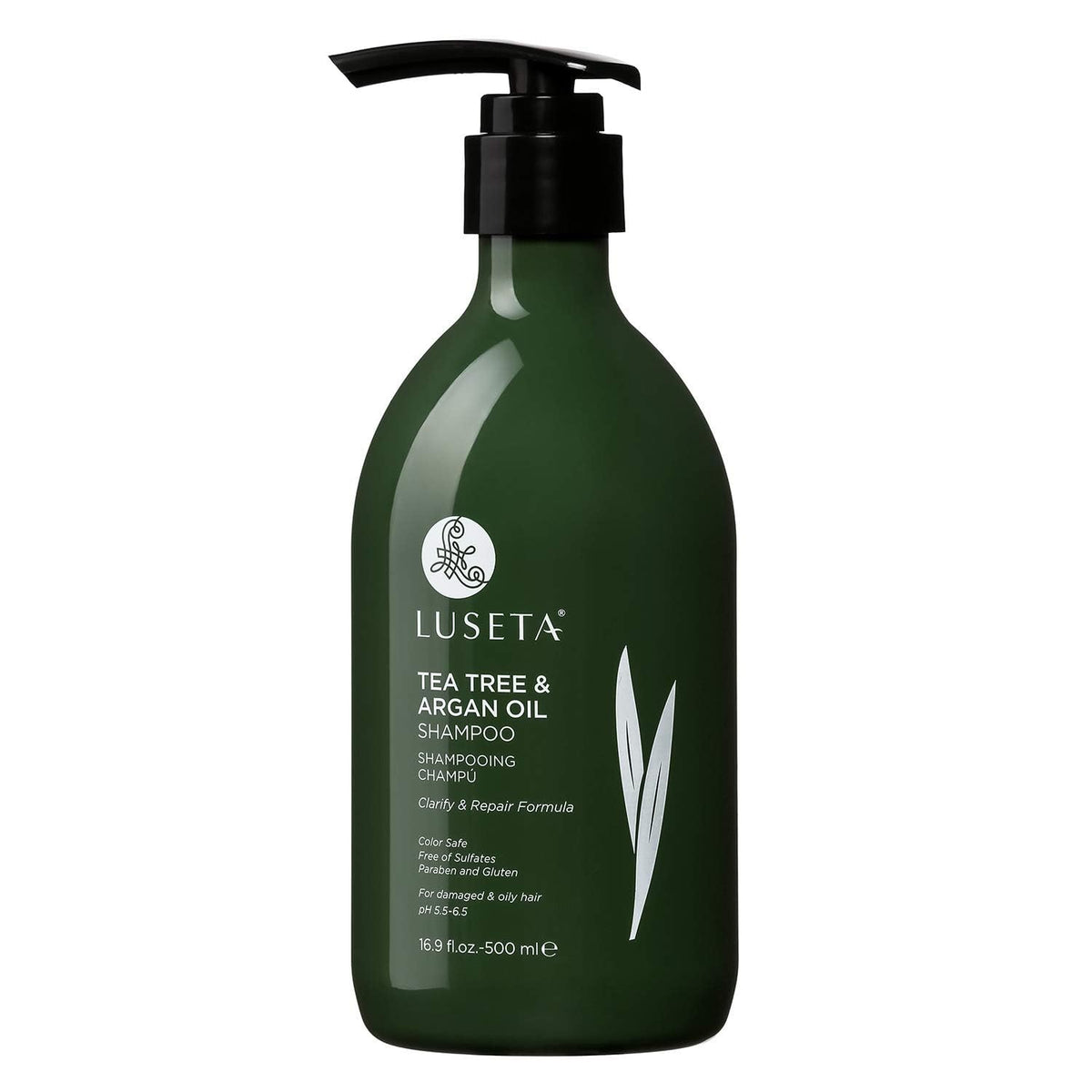 Luseta Tea Tree Shampoo botella vertida para limpieza profunda y suave.
