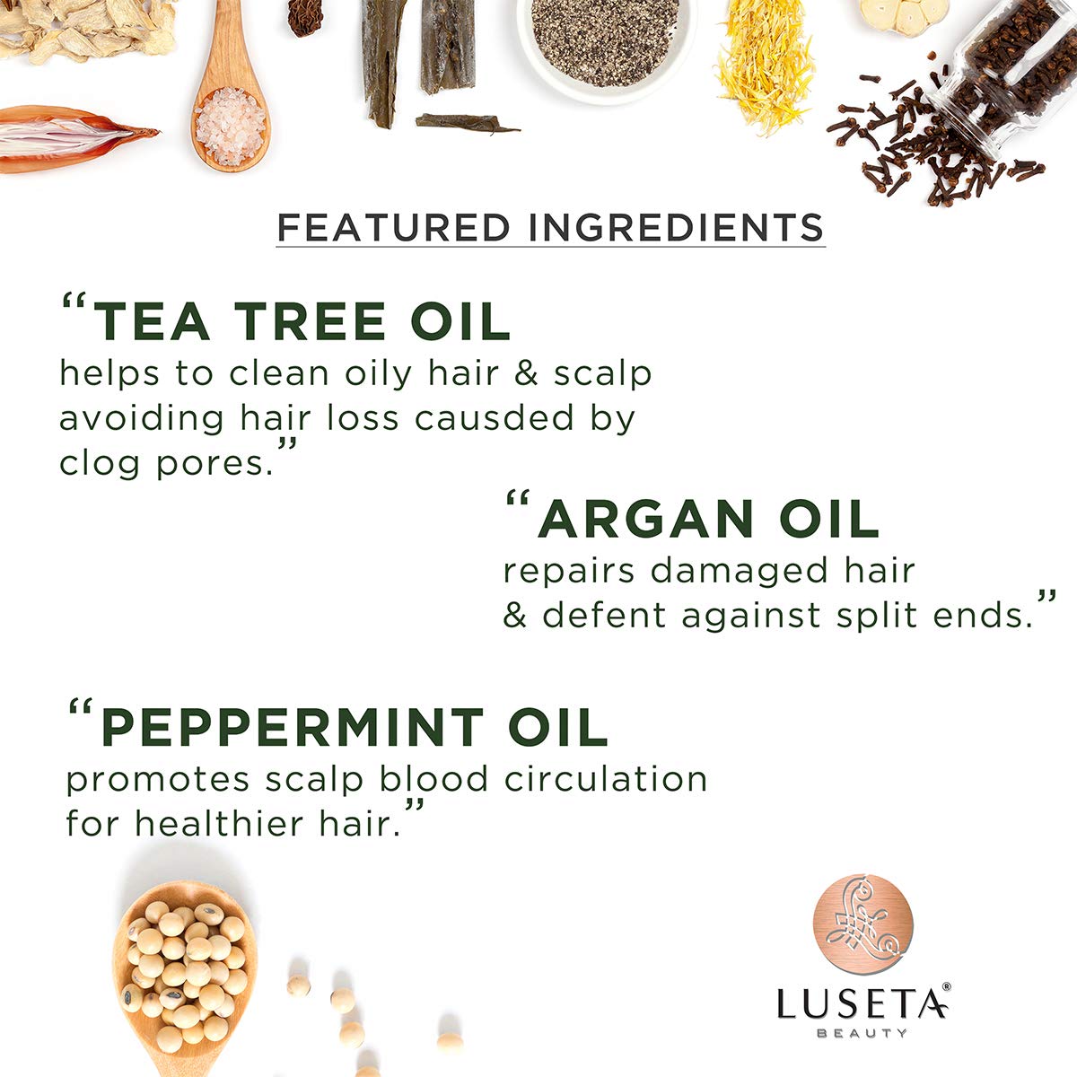 Luseta Tea Tree Shampoo vista frontal del envase, ideal para uso diario.