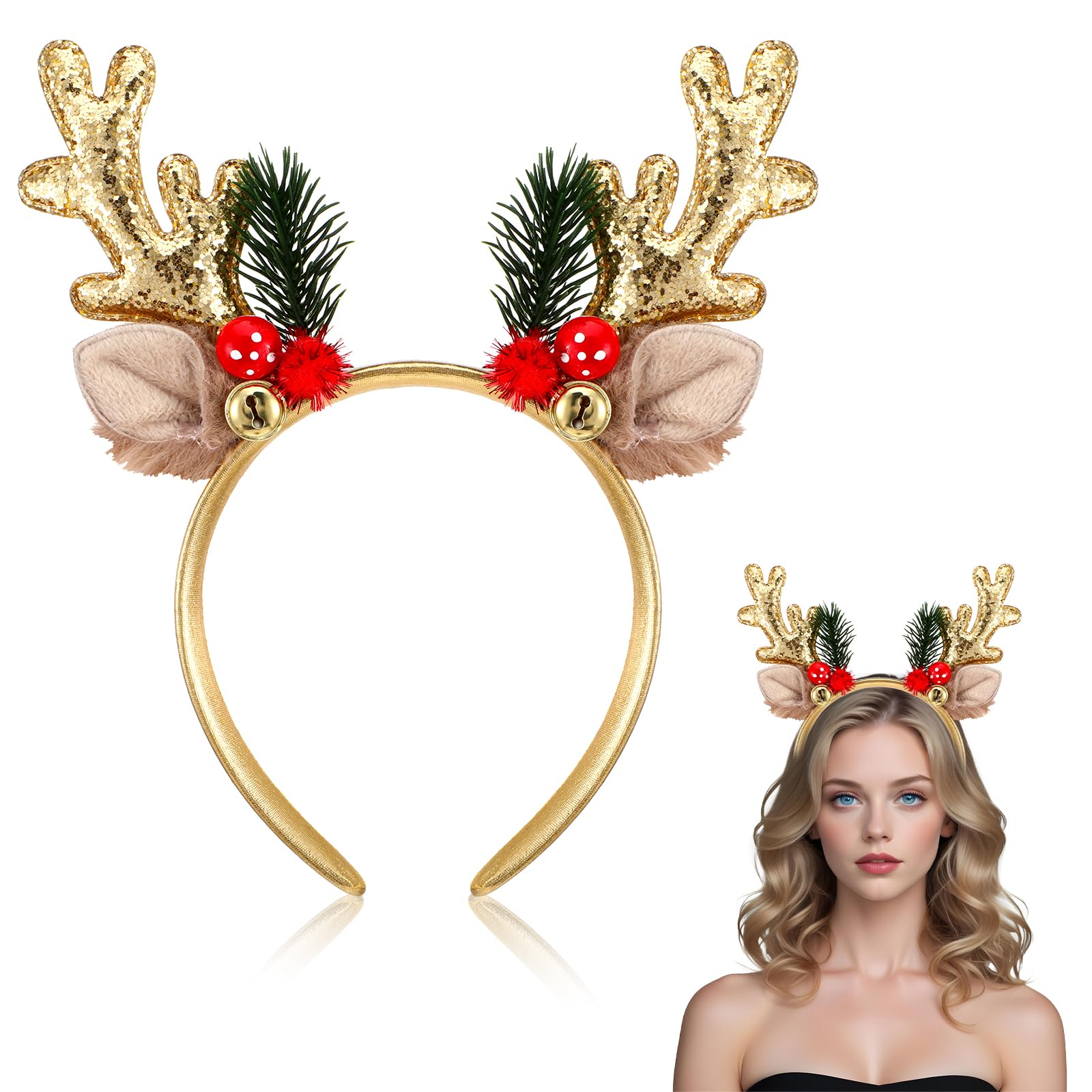 Diadema Lusofie con cuernos de ciervo dorados y campana para look navideño.