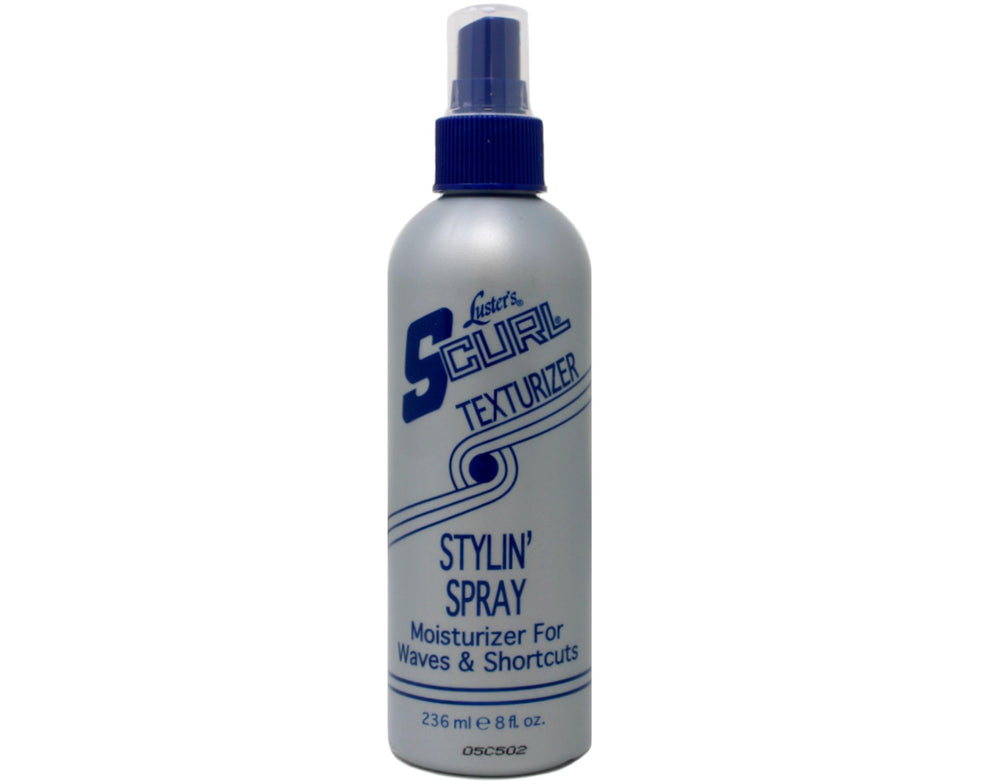 Luster S Curl Texturizer Spray, botella, definir rizos con brillo suave y acabado pulido.