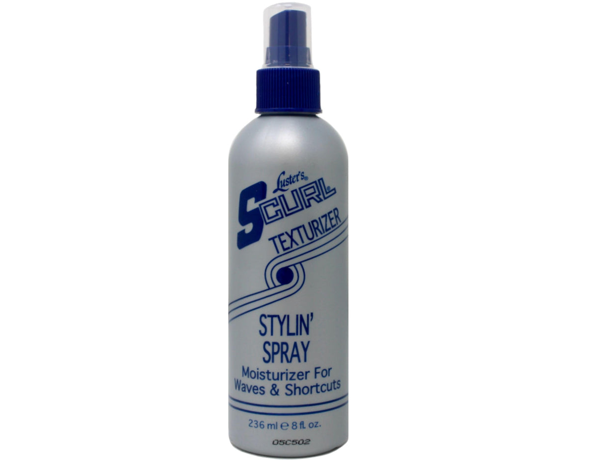 Luster S Curl Texturizer Spray, botella, definir rizos con brillo suave y acabado pulido.